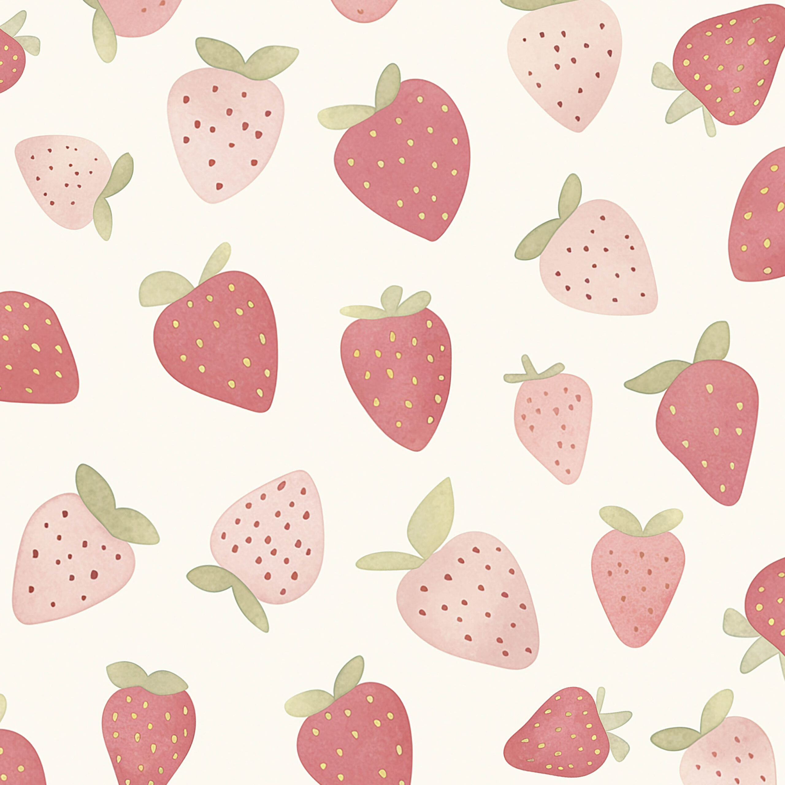 やわらかいパステルカラーのいちごモチーフが並ぶ、手描き風フルーツパターン背景素材