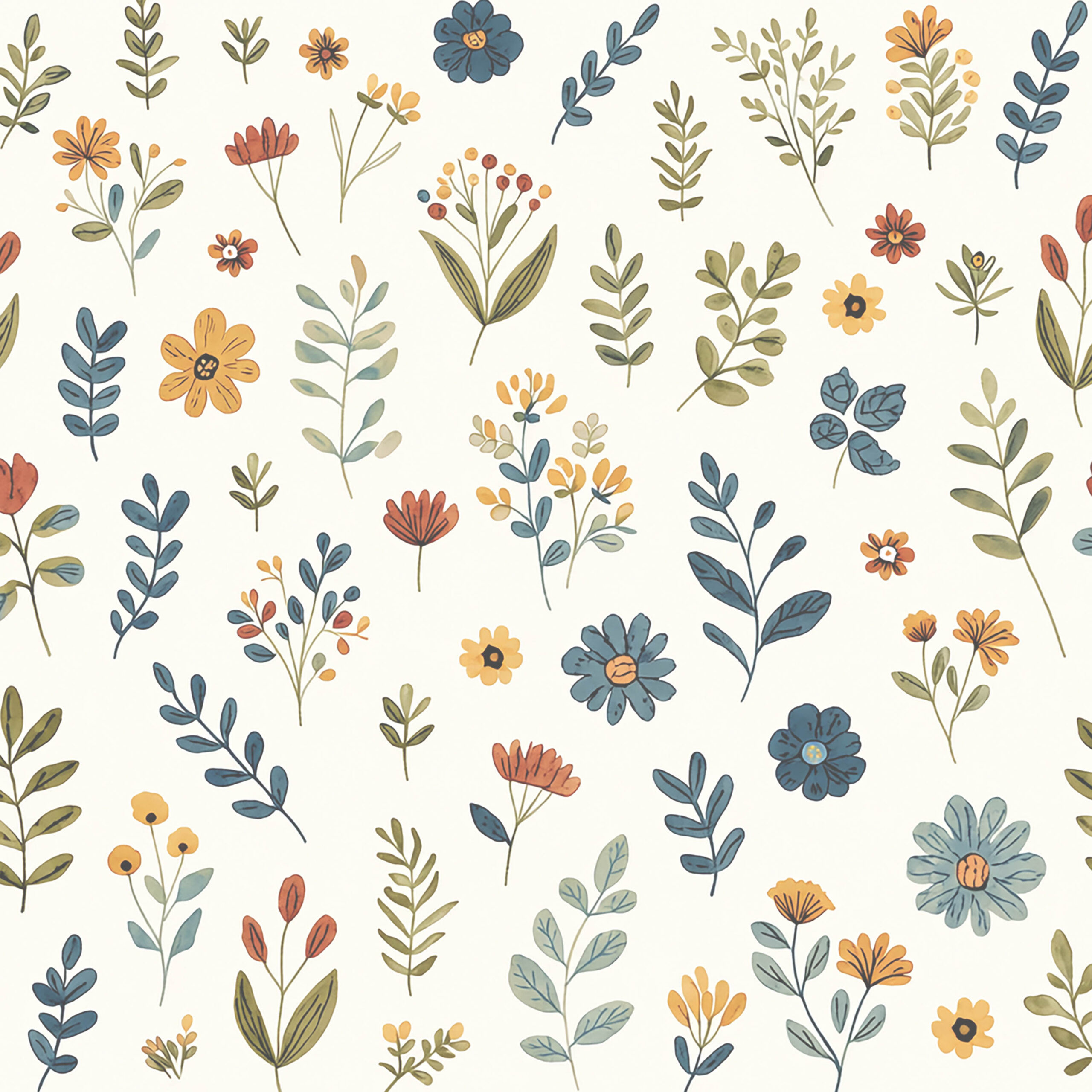 ナチュラルボタニカルフラワーパターンの北欧風草花背景素材