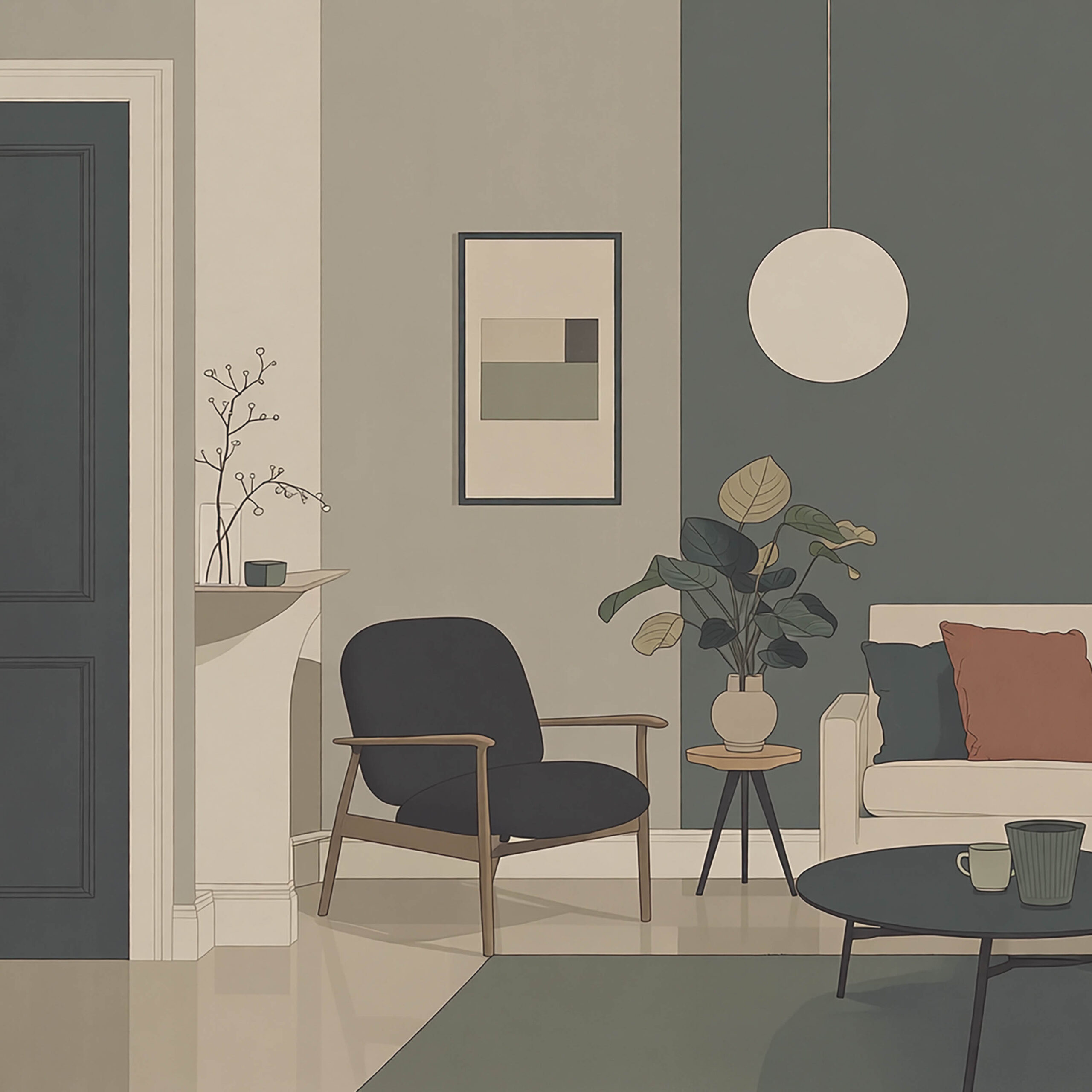 落ち着いたミニマルなリビング空間のインテリア背景イメージ