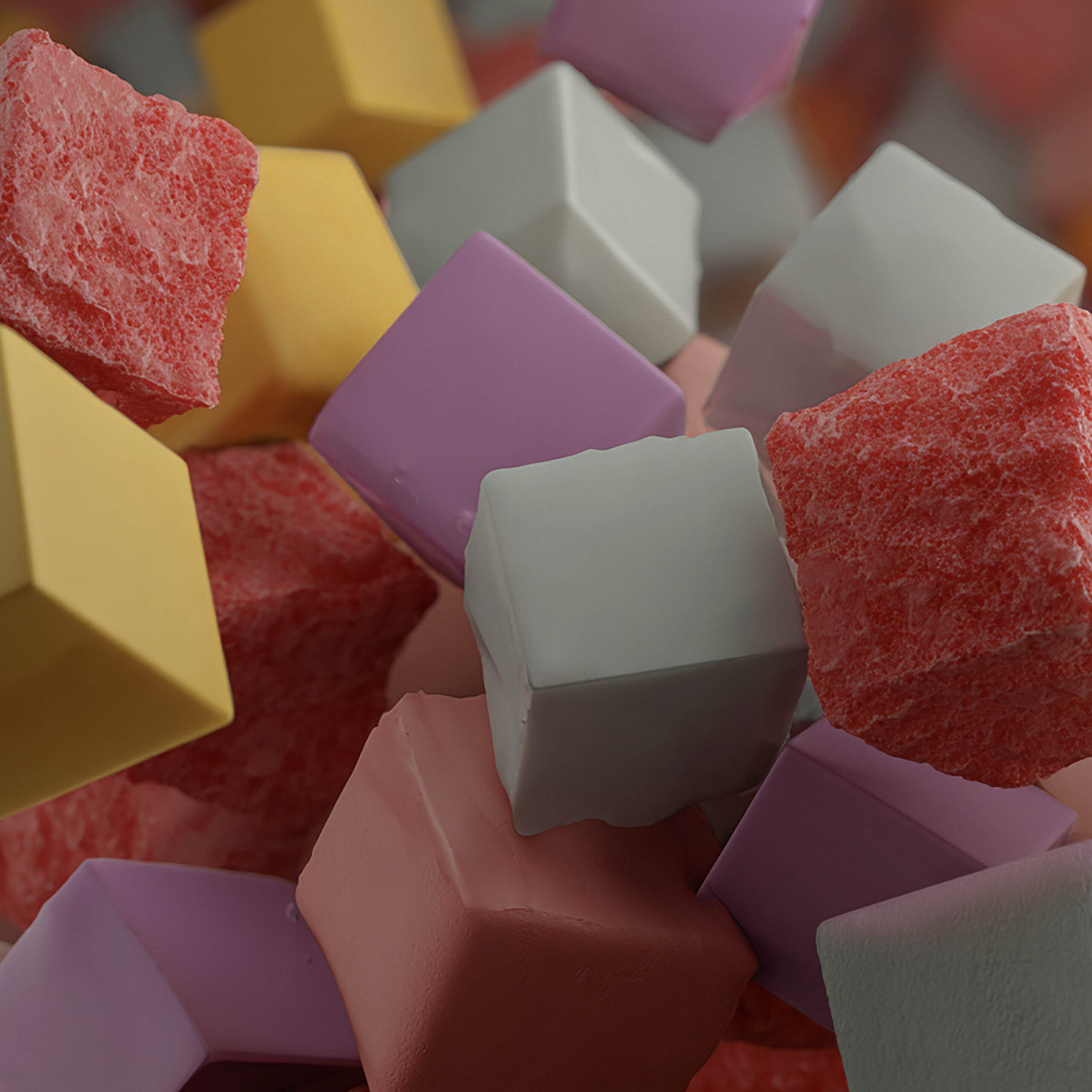 カラフルな立体キューブが散りばめられたポップなテクスチャ背景