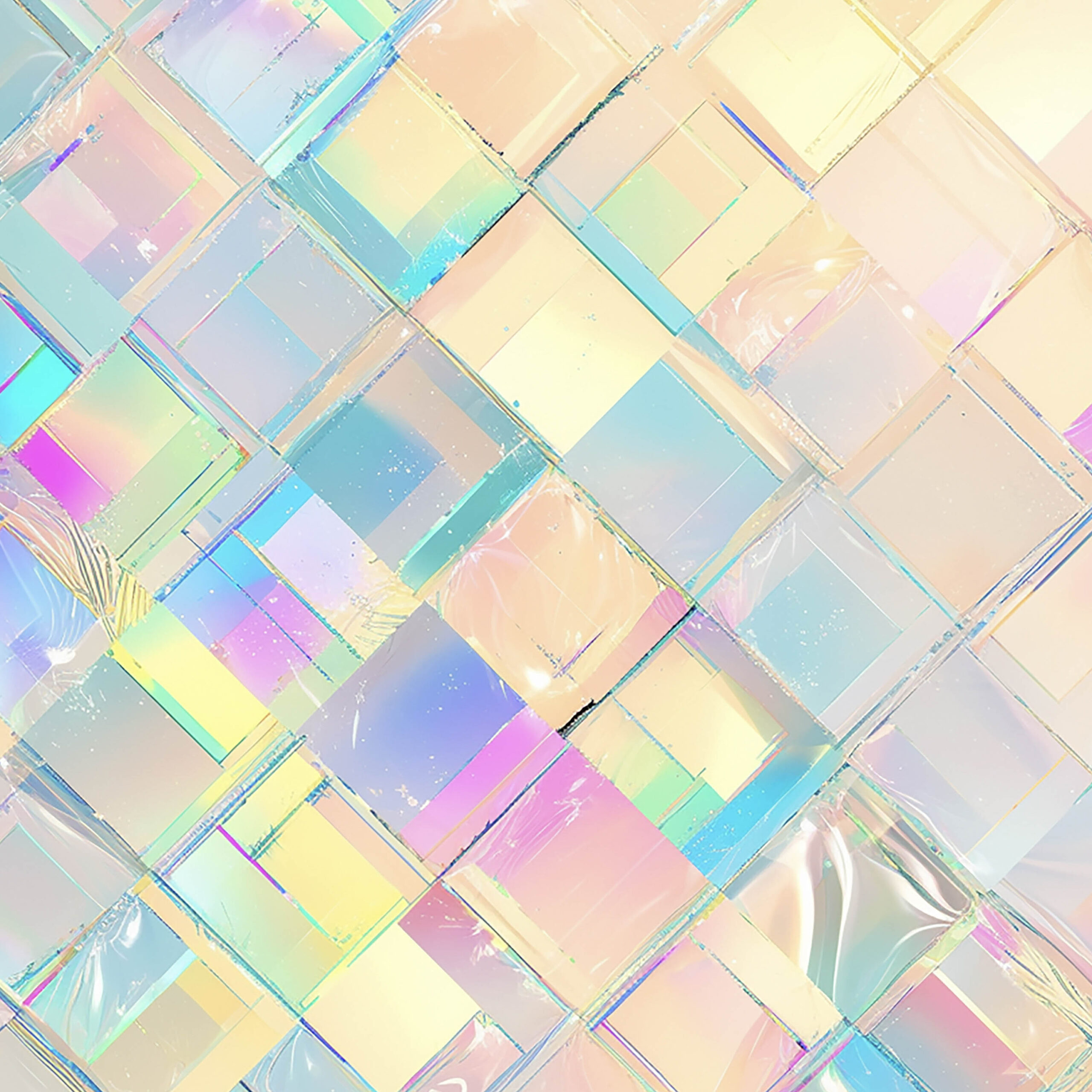 光が重なるホログラムタイルの抽象背景。透明感のあるパステルカラーと幾何学的なグリッド構造が印象的なデジタル背景素材。