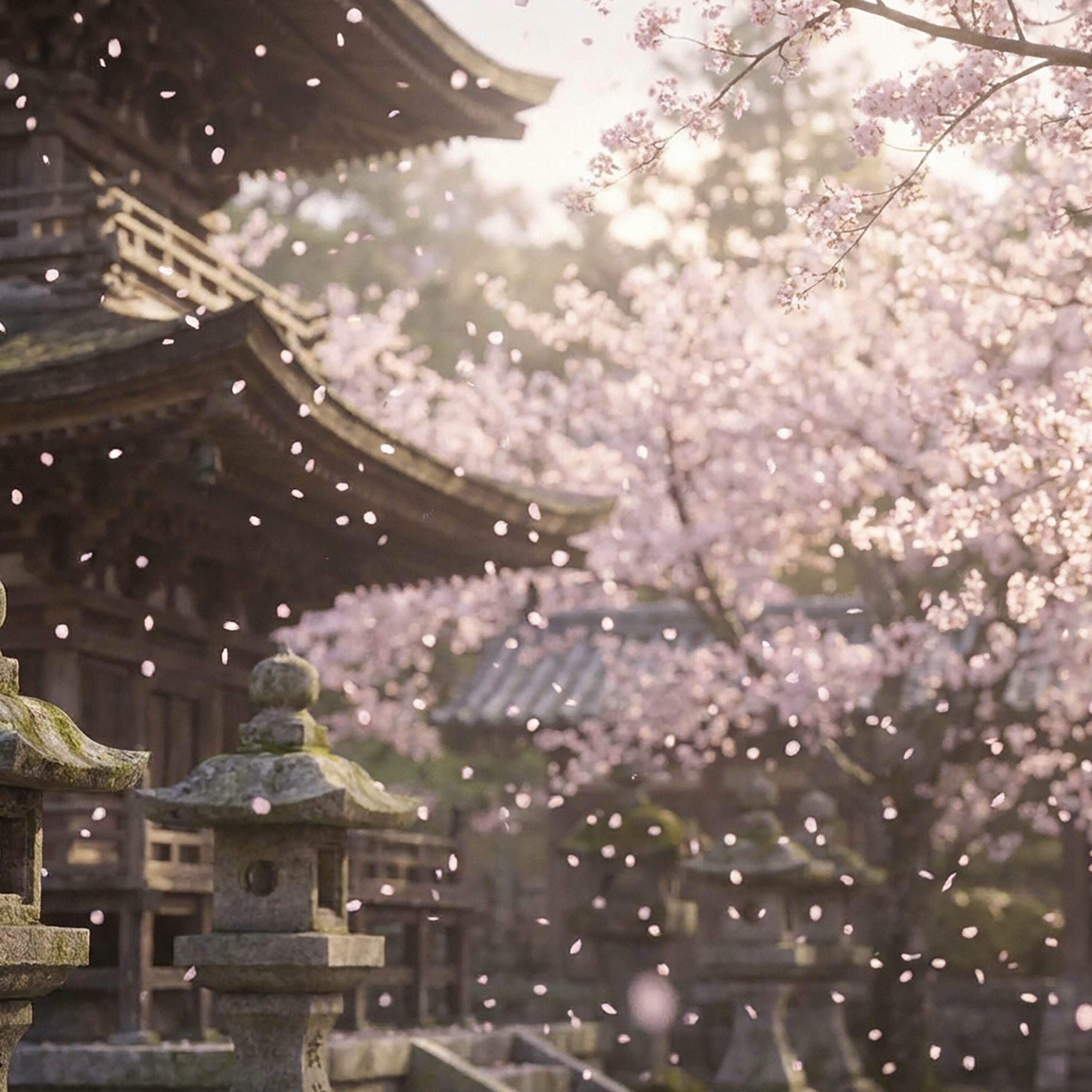 光に包まれた桜と寺院庭園に舞う花びらの幻想的な風景