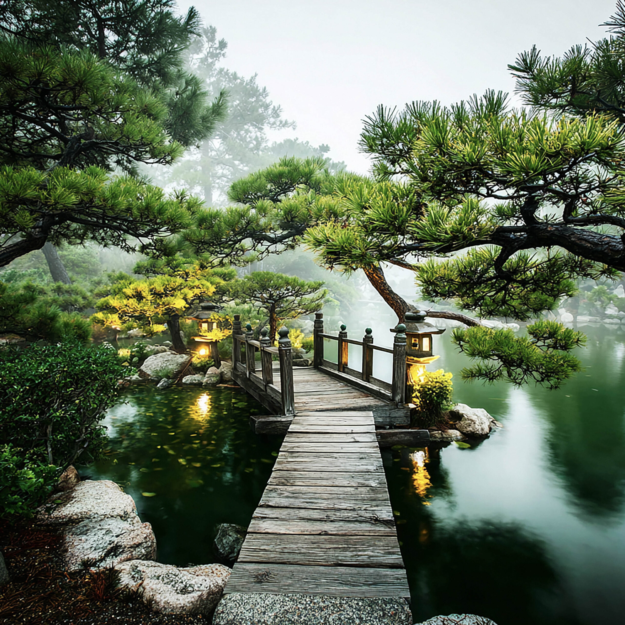 日本庭園の橋と池に映る光が美しい静かな和風景