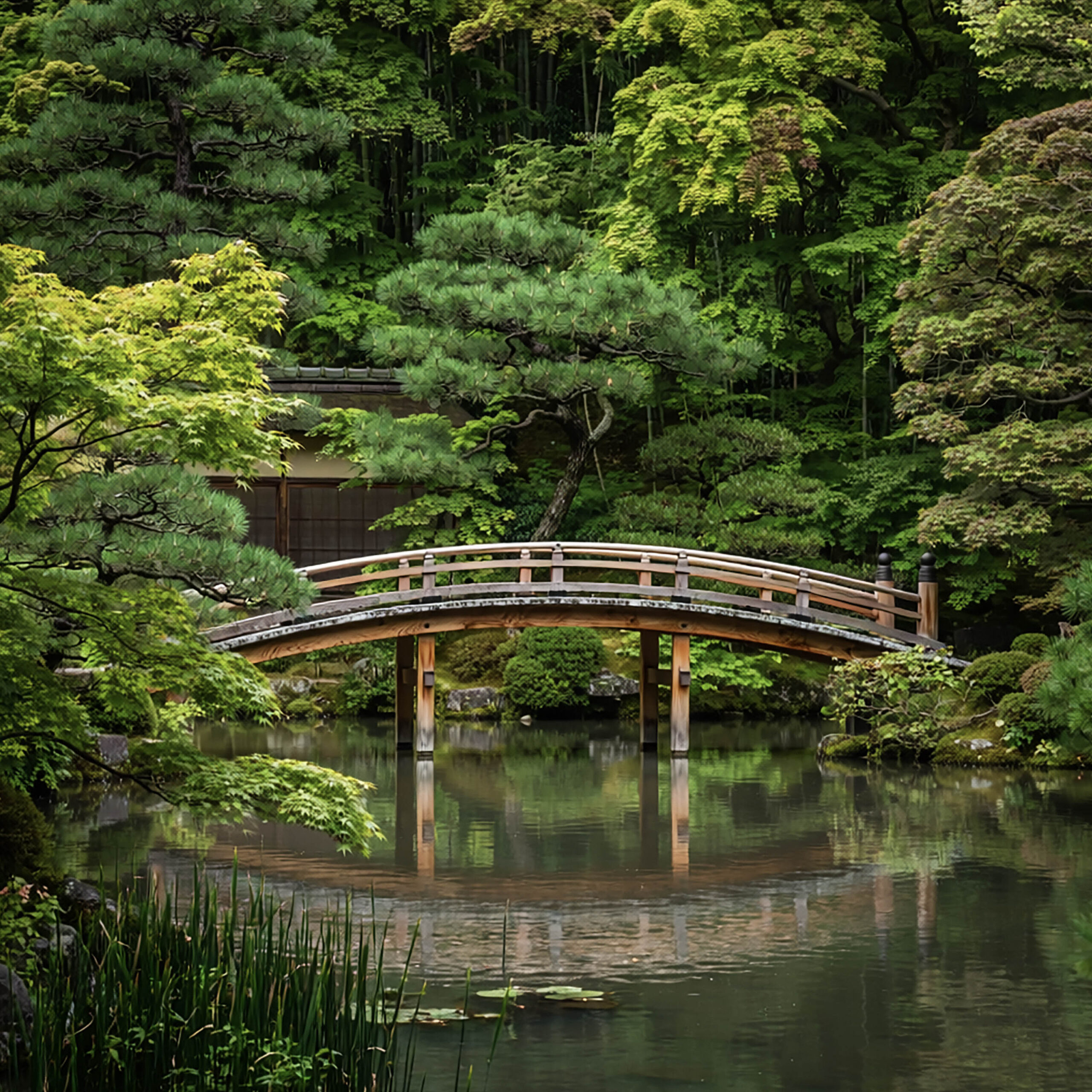 日本庭園の橋と池に映る緑が美しい静かな和風景