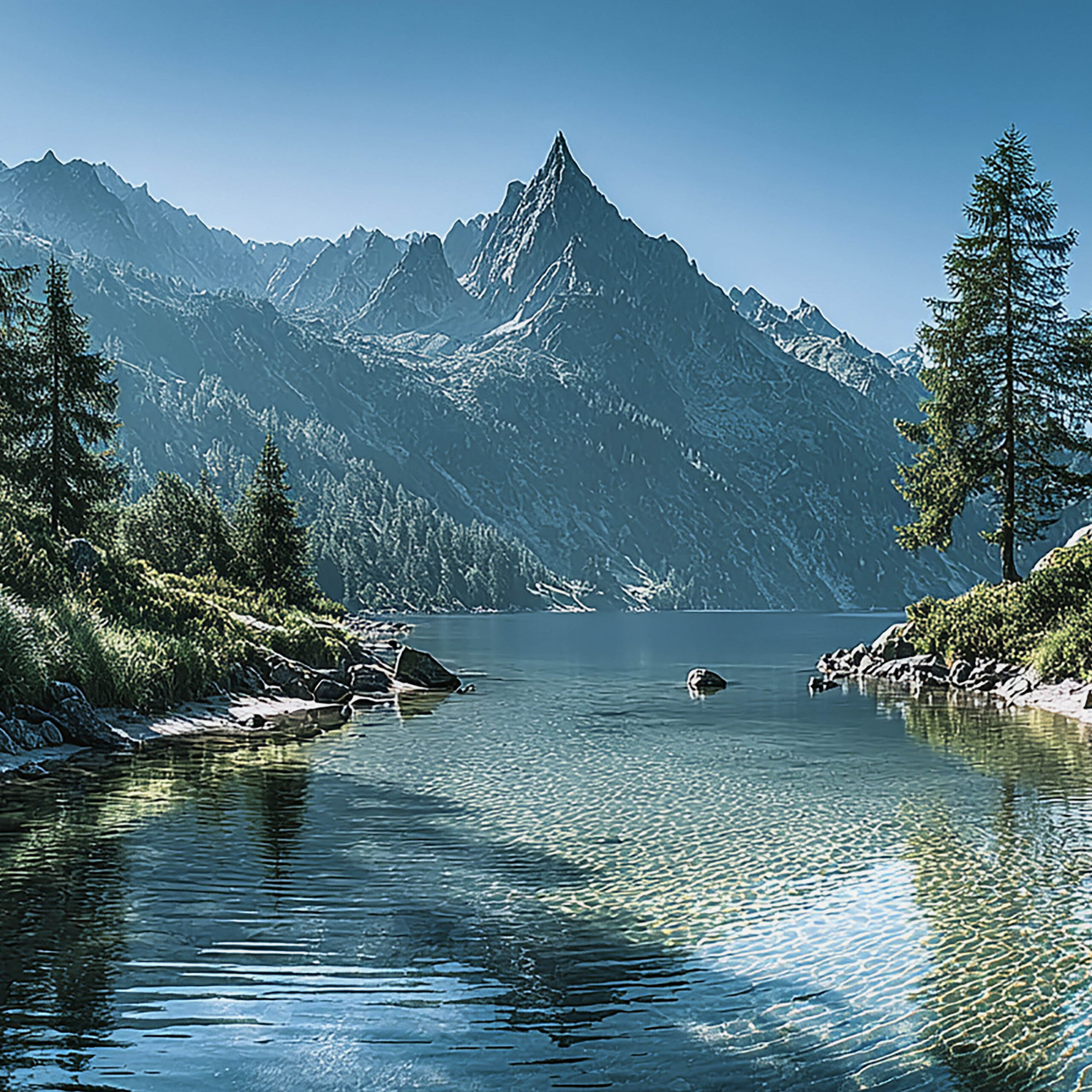 澄んだ高原湖と山並みが広がる透明感ある自然風景