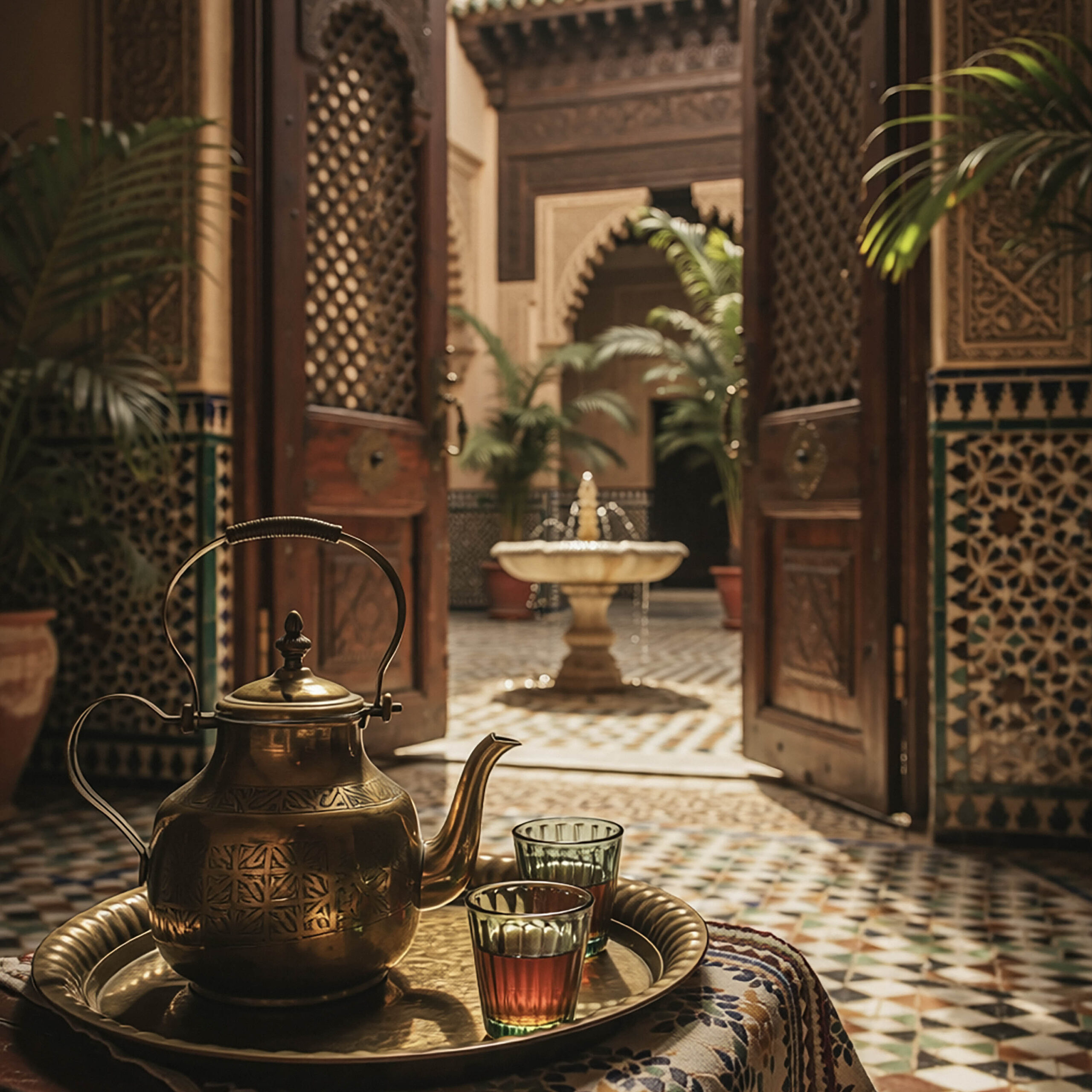 アラビアン宮殿の中庭でティータイムを楽しむシーン