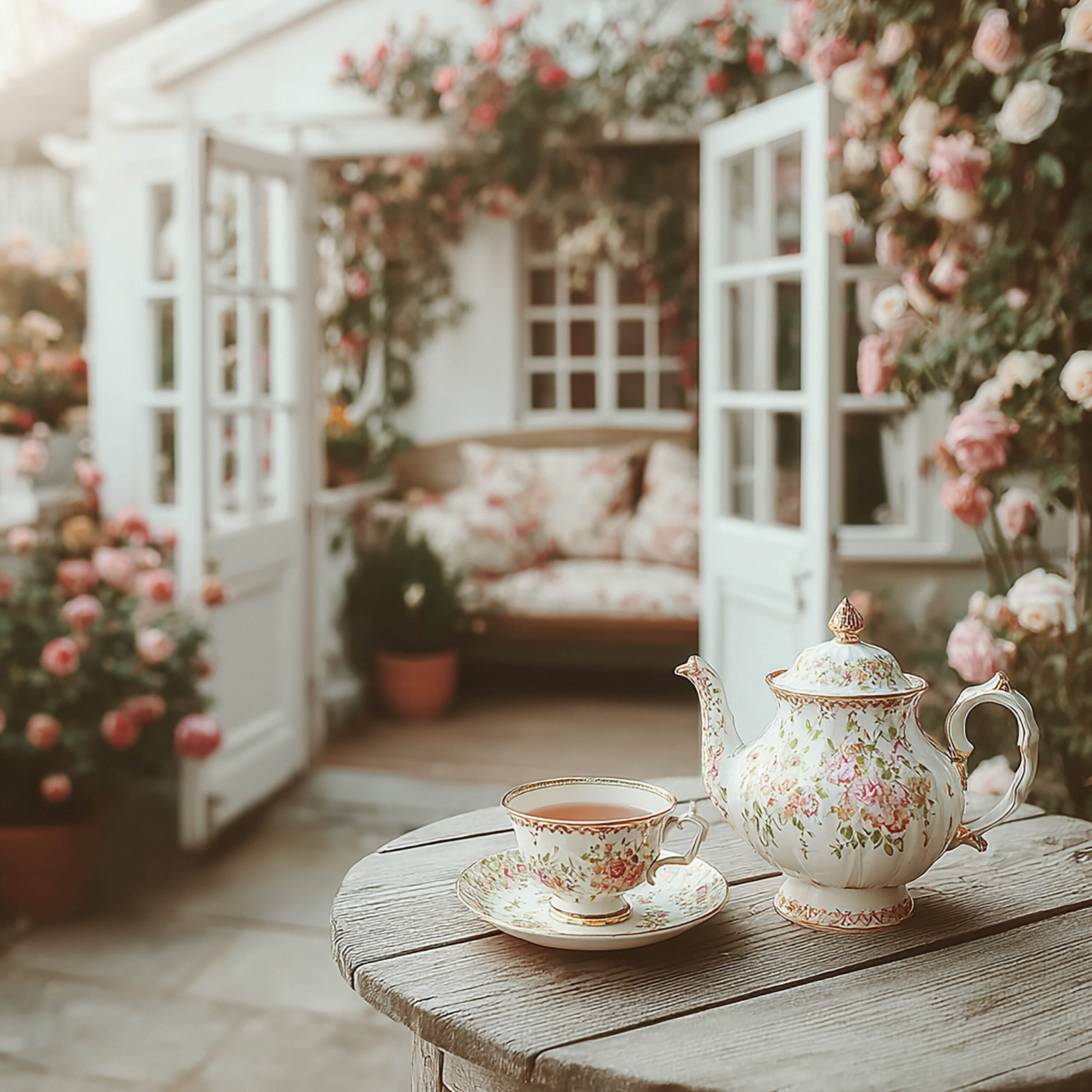 花に囲まれた空間で楽しむティータイムを描いた背景素材です。アンティーク調のティーポットと柔らかな光が、優雅で落ち着いた雰囲気を演出します。カフェ風デザインや癒し系