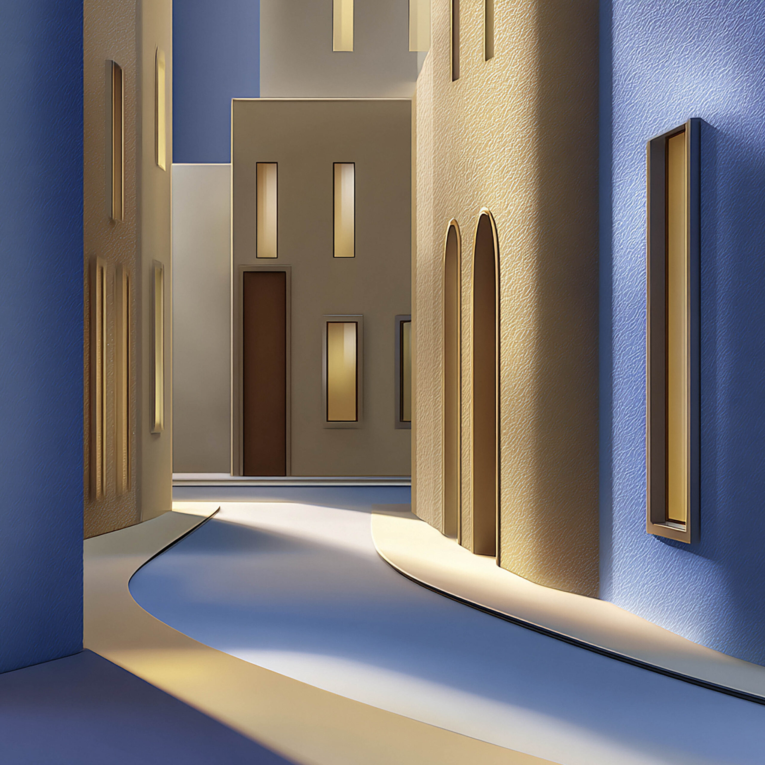 曲線の路地と建物が並ぶミニマルな都市空間