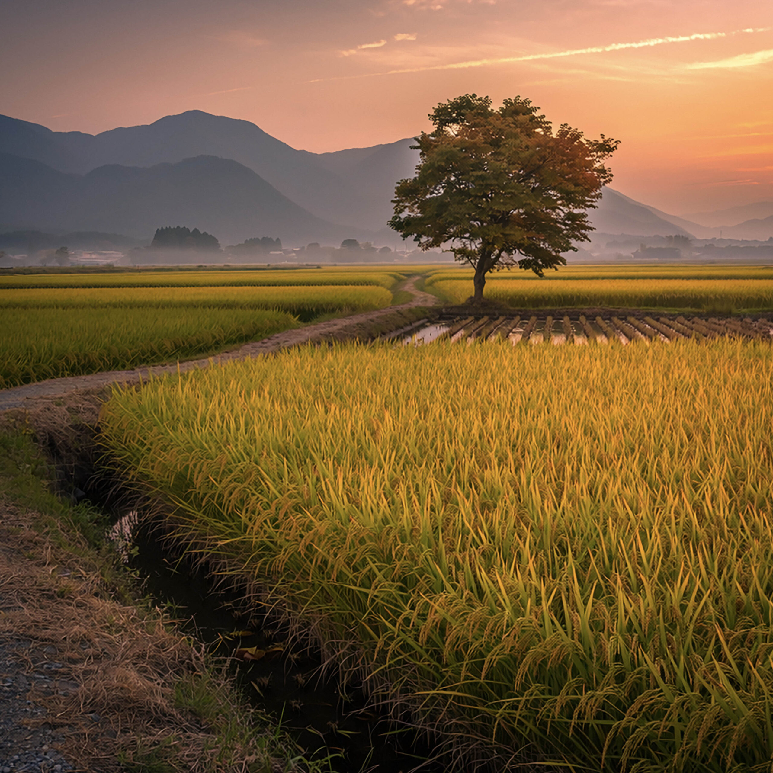 夕焼けの田園に一本木が佇む日本の風景