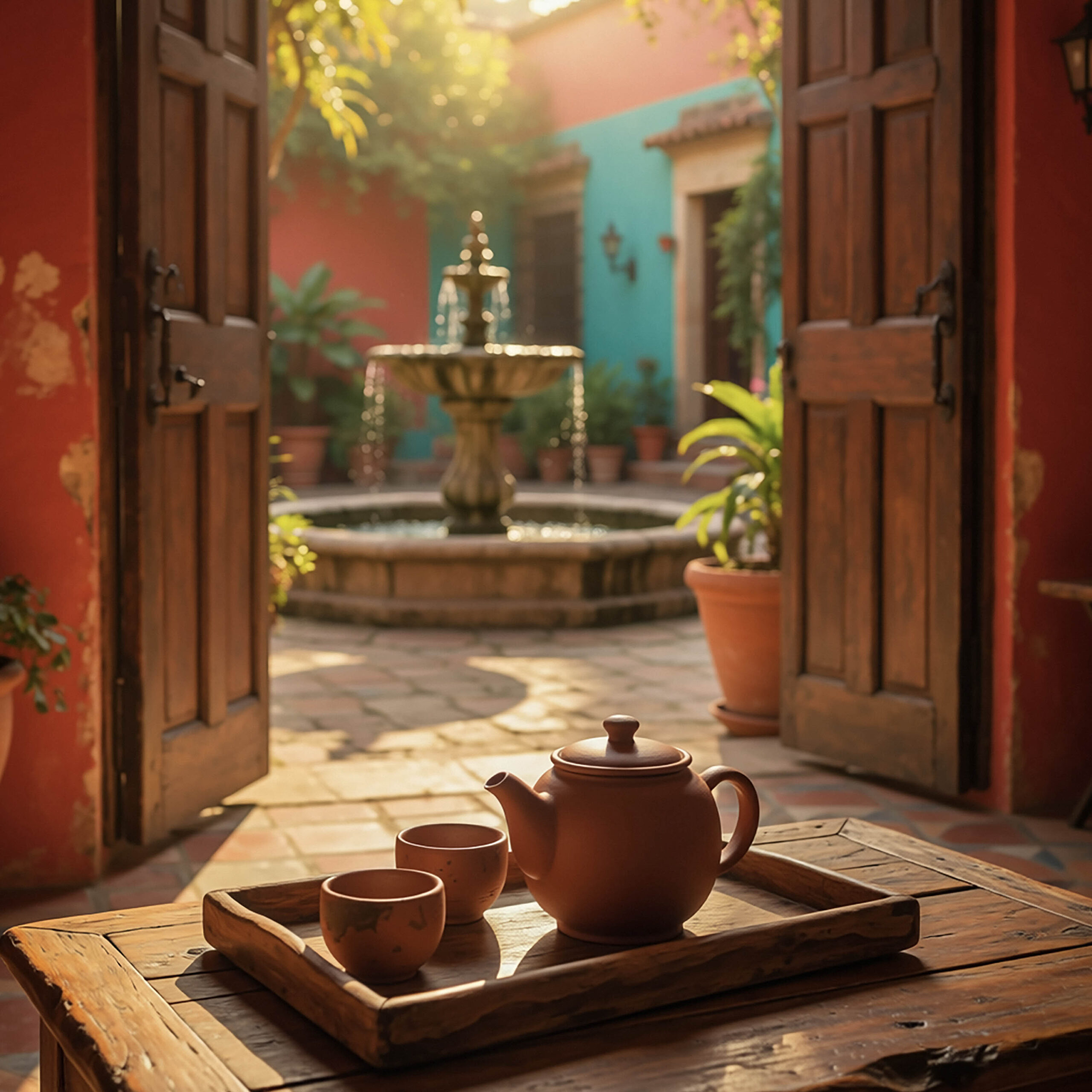 中庭テラスでティータイムを楽しむ落ち着いた空間