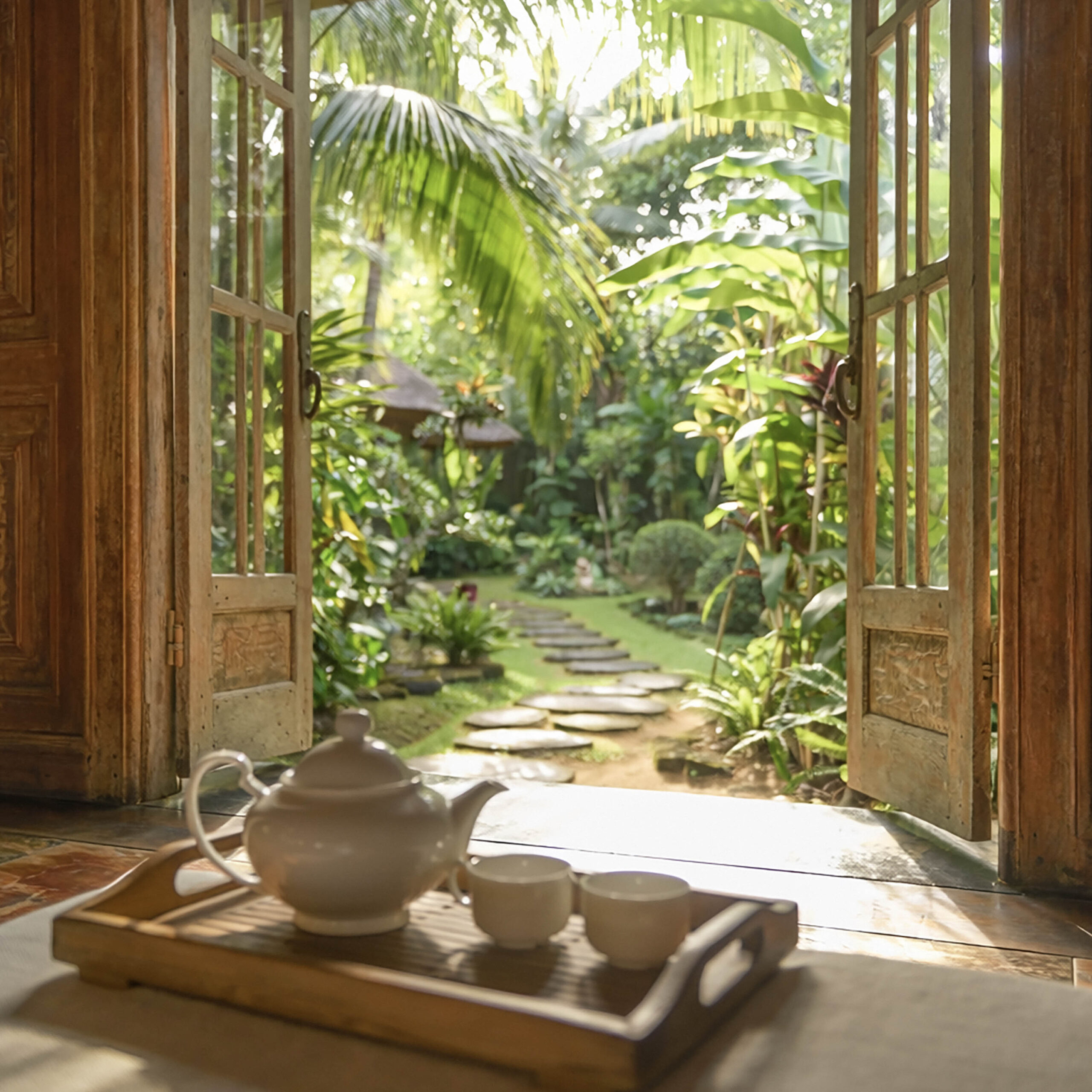 南国ガーデンを眺める室内でのティータイムシーン