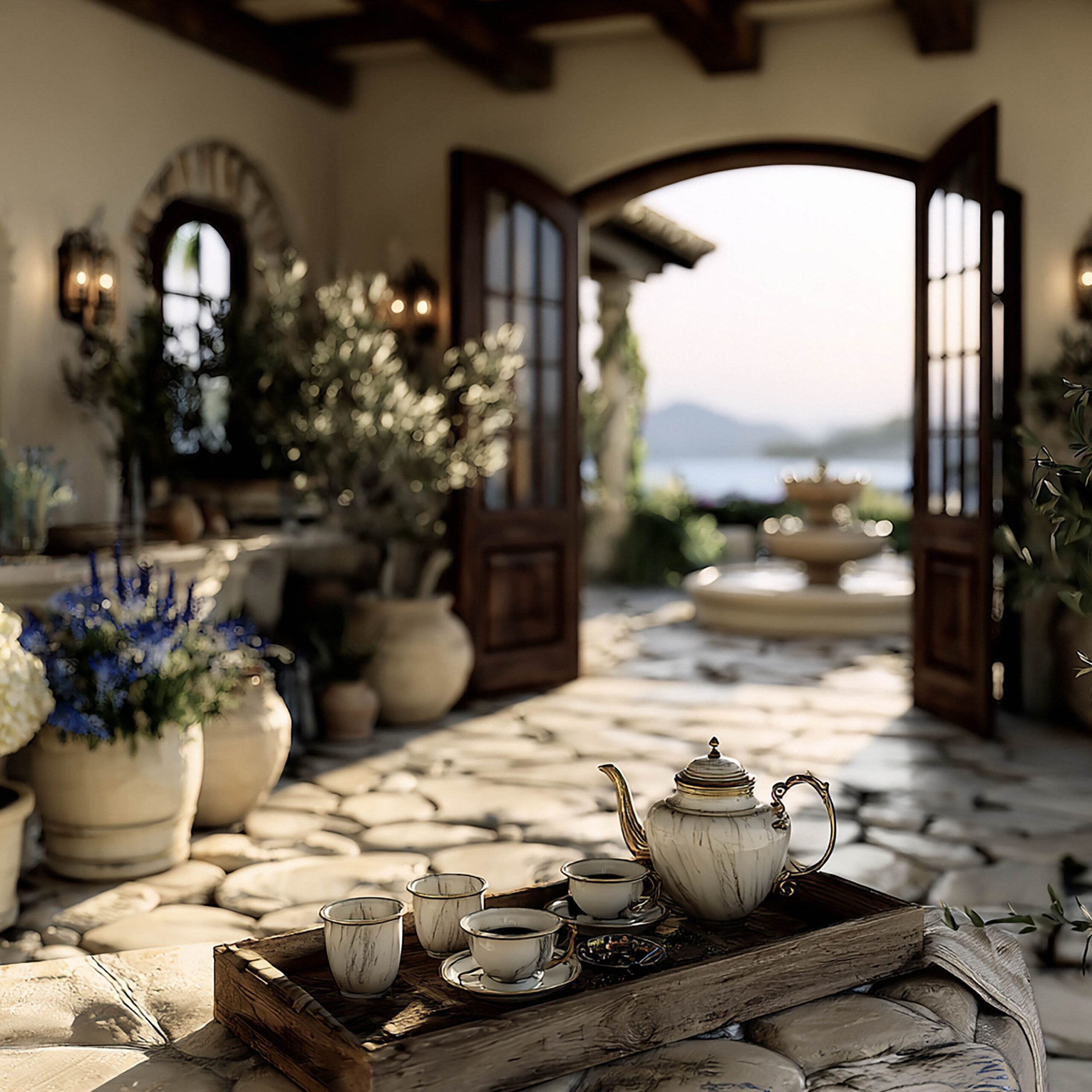 地中海ヴィラのテラスでティータイムを楽しむシーン