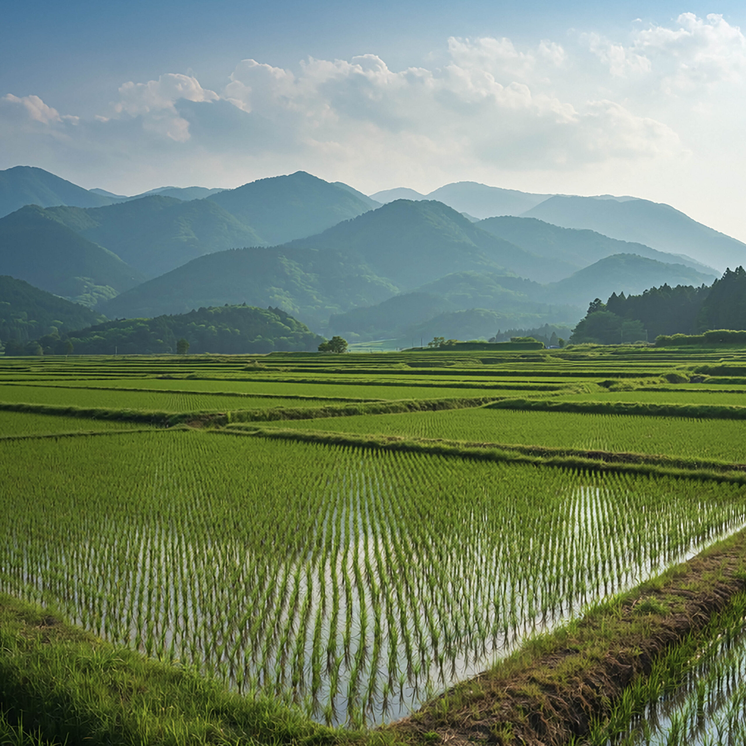 整然と並ぶ水田と山並みが広がる日本の田園風景
