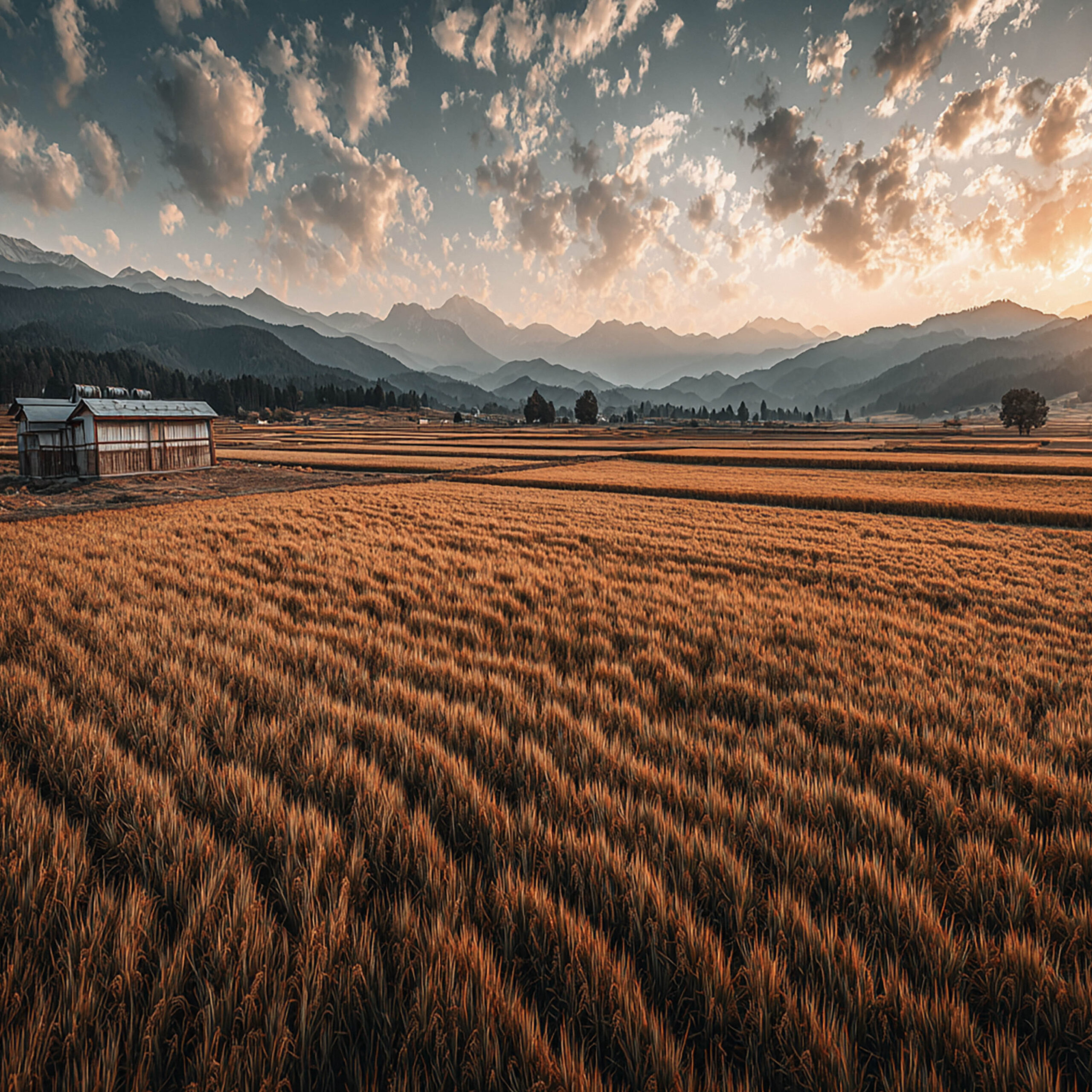 夕焼けに染まる広大な田園と山並みの風景