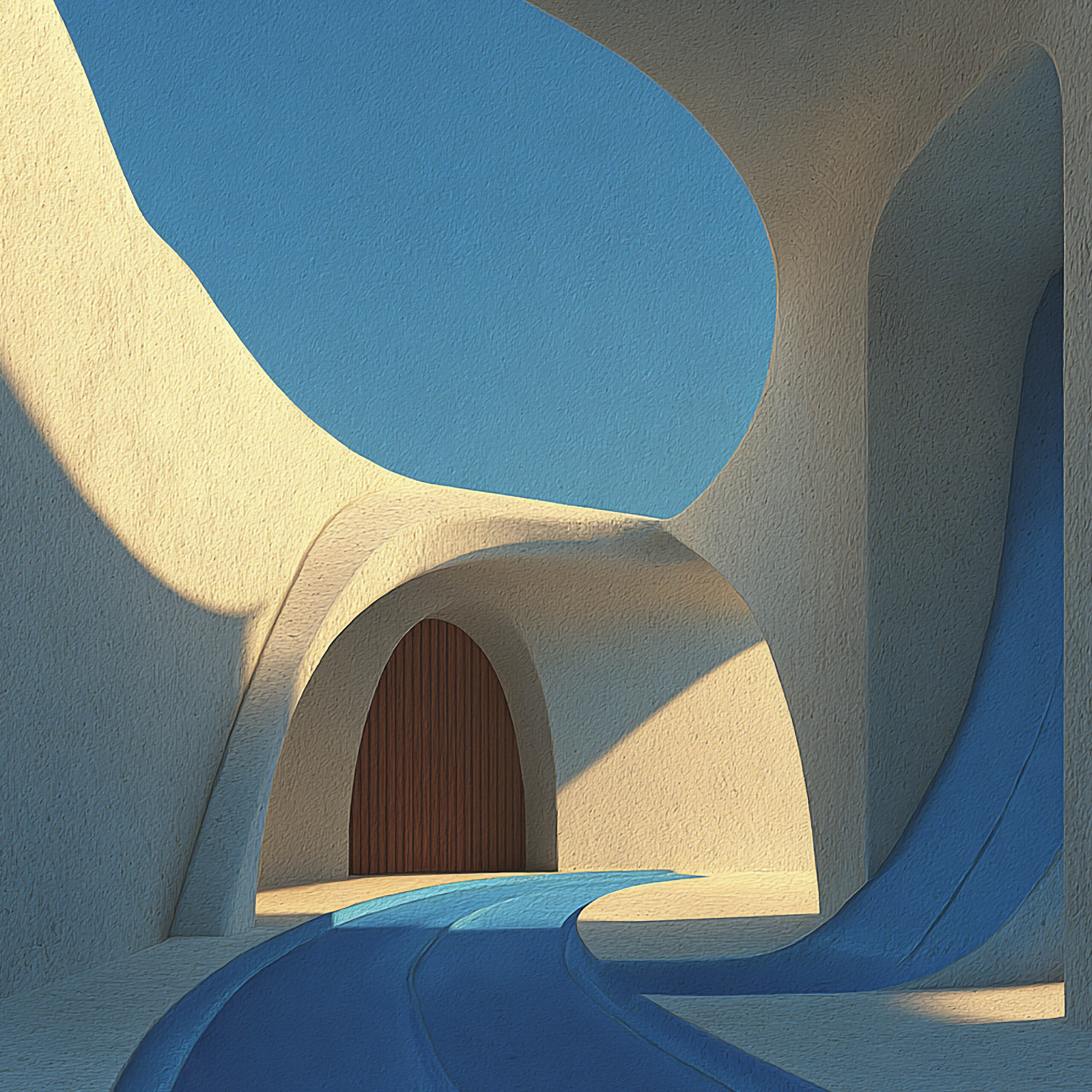 曲線的な建築とアーチ状の入口が特徴のミニマル空間