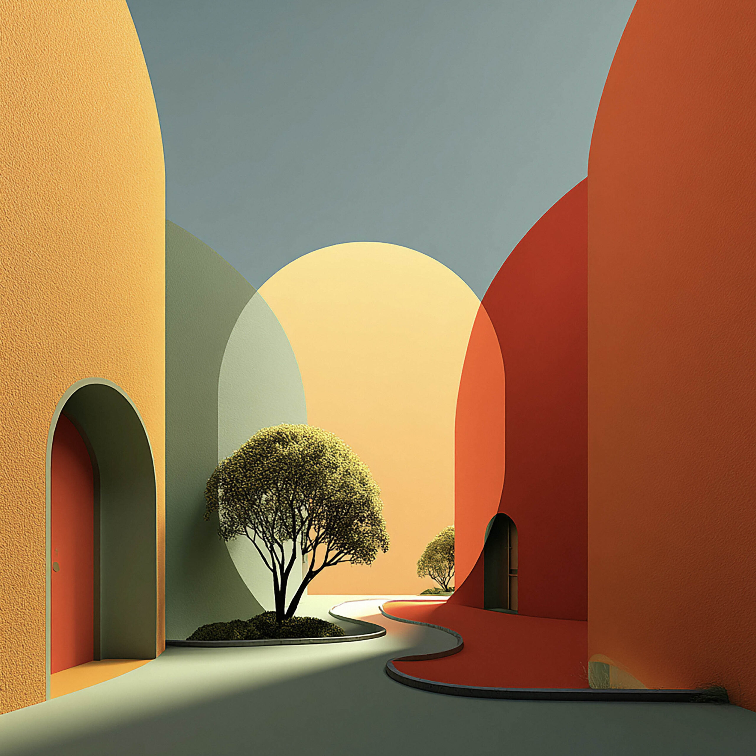 曲線建築と木が配置された抽象的なミニマル空間