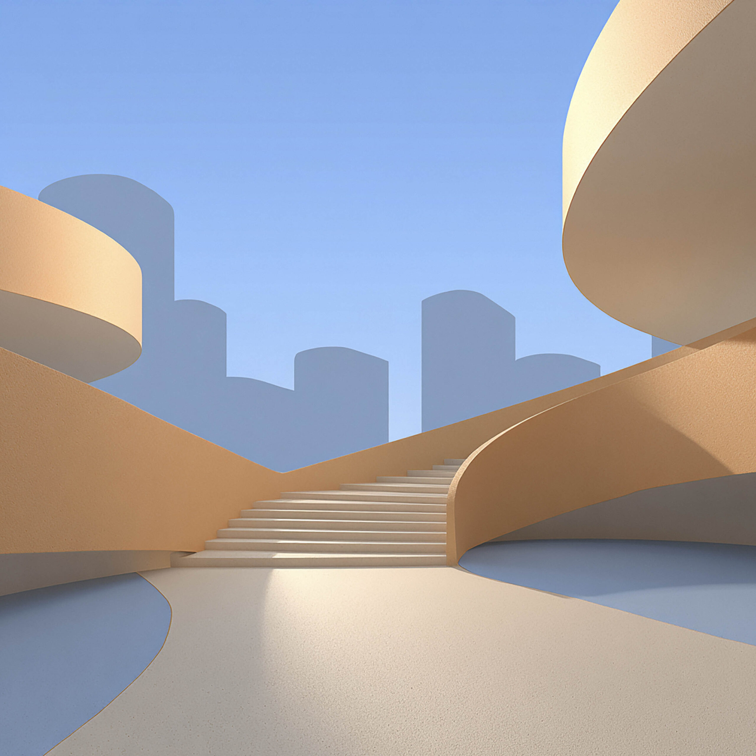 曲線的な建築と階段が配置されたミニマルな抽象空間