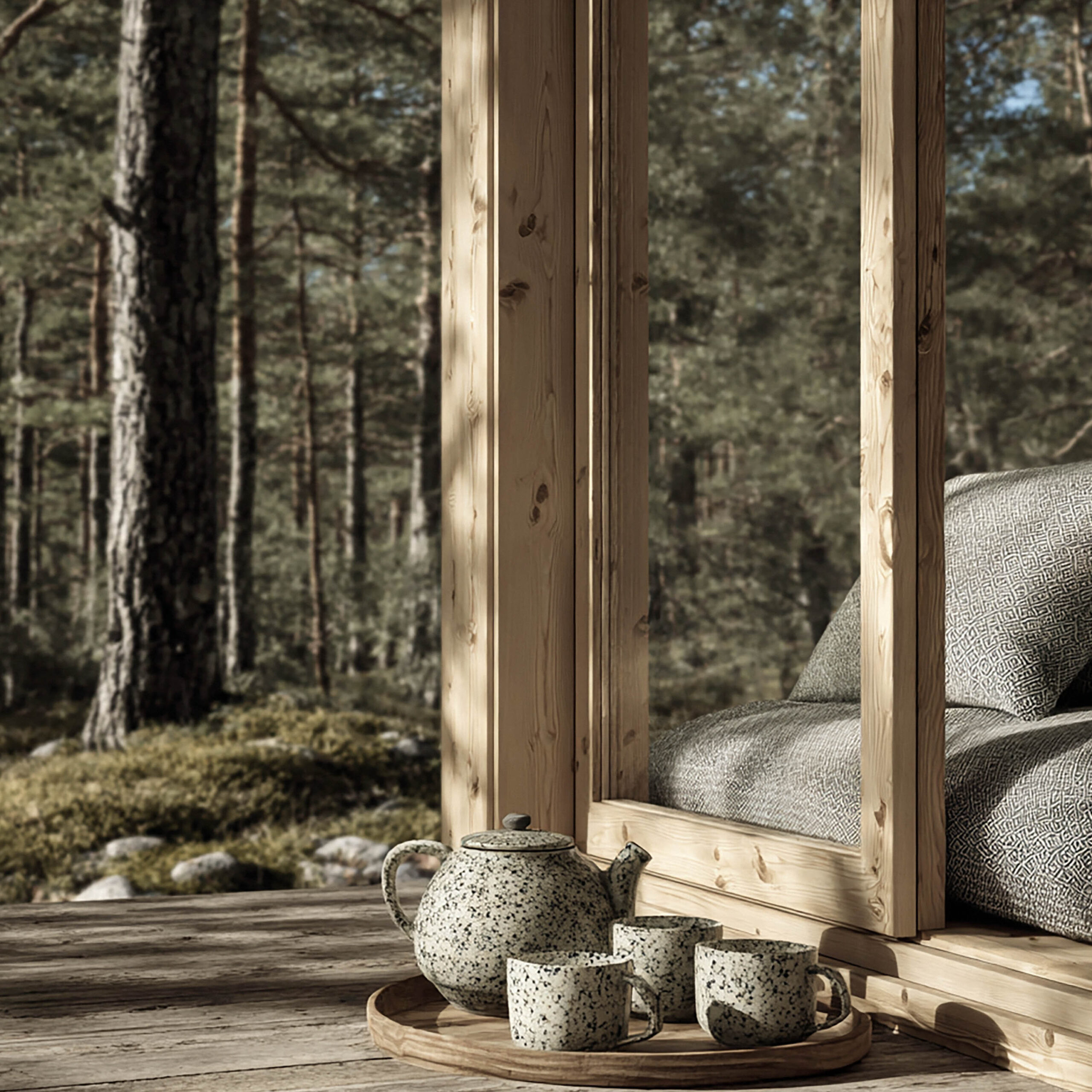 森を眺めるウッドキャビンでのティータイムシーン