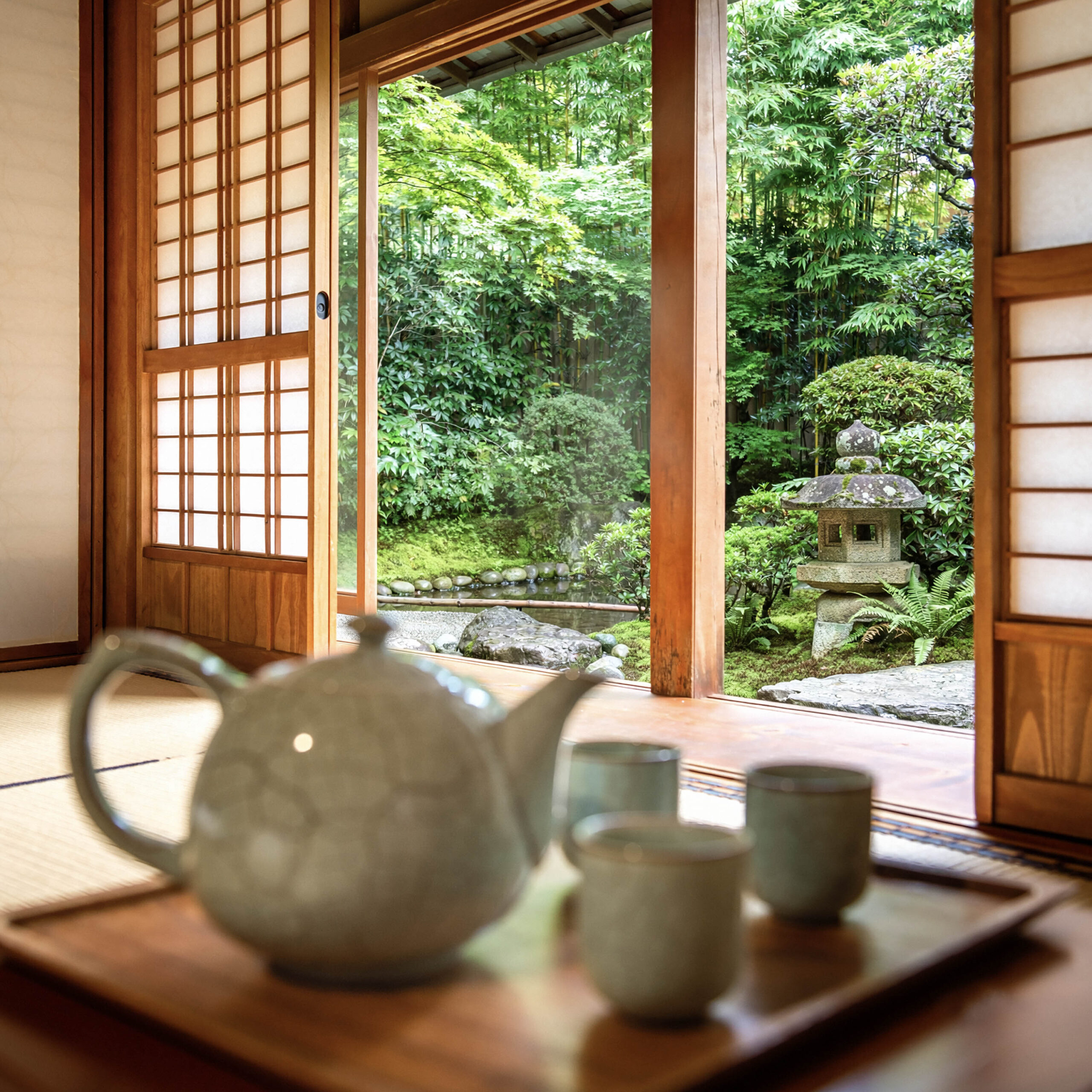和室の障子越しに見える日本庭園と茶器のある落ち着いた空間